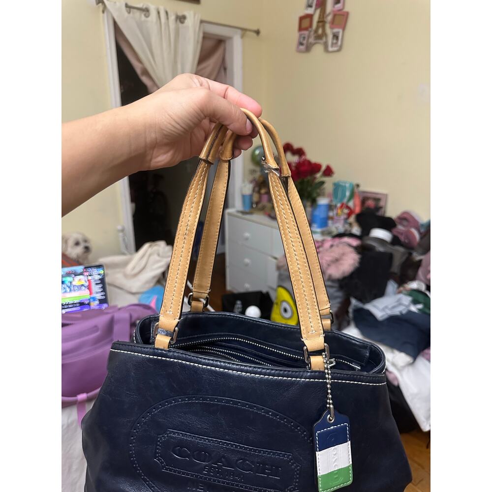 Coach New York Leather Womens Purse Handbag Blue White Satchel Handle Bag - Picture 13 of 16